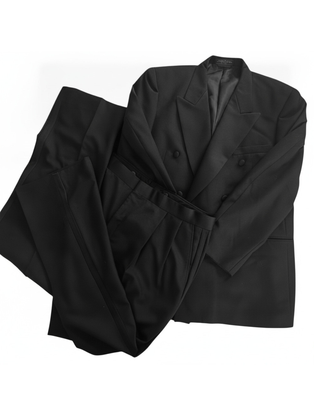 Gianelli Mens 46L Black Tuxedo Suit Double Breasted Peak Lapel 2 Piece Vintage